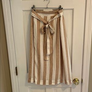 Evenlane wrap linen Striped Tan and White Midi Skirt size 2 in like new condtion